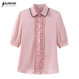 Professional Temperament Half Sleeve Pink Shirt Women Summer Ruffles Fashion Blouses Office Ladies Formal Work Tops 210604