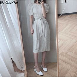 Korejpaa Women Dress Summer Korean Chic Female Retro Round Neck Cross Tie Belt Slimming Solid Colour Puff Sleeve Vestidos 210526