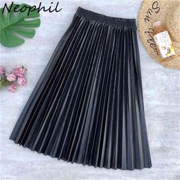 Neophil Ladies Black PU Fur Faux Leather Midi Skirt Thick Winter Pleated High Waist Vintage Mid-calf Women Longa Saia S2010 210619