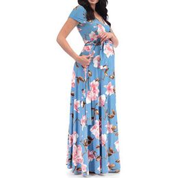 Maternity Floral Short-Sleeved Dress Women's Floral Short-Sleeved Dress Pregnant Women Maternity Long Dress Summer Pregnancy Q0713