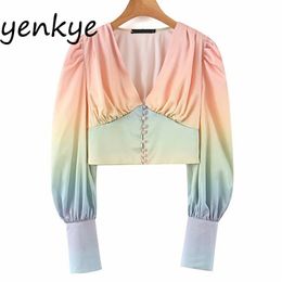 Multicolor Gradient Blouse Shirt Women Lantern Sleeve V Neck Streetwear Crop Top Chemise Femme Summer Chiffon Blouses blusas 210302