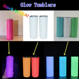 USA STOCKS Glow Tumblers Sublimation 20oz Straight Skinny Tumbler with Straw Lid Stainless Steel Double Wall DIY Blanks Slim Water Bottles Coffee Mugs in the Dark