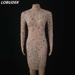 Multi-color Rhinestones Mesh Party Dresses Women Luxury Crystal Stones Transparent Long Sleeve Birthday Celebrate Dress Evening Banquet Singer Host Stage Costume