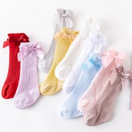 2021 Summer Baby Kids hole socks girls lace hollow crochet knee hight socks children princess socks kids ribbon bow breathable legs A5806