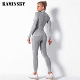 Women Seamless Set Fitness Sports Suits Gym Clothes Workout Long Sleeve Shirts High Waist Running Leggings Pants Suits Y0625