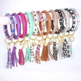12 Styles Fashion Solid Colour Keychain Summer Big Round Wristlet Bracelet Tassel PU Leather O Shape Keyrings Wristlet Bangle