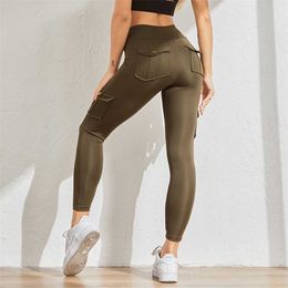 NORMOV Workout Women Leggings Casual Patchwork Pocket High Waist Push Up Cargo Pants Jeggings Solid Fitness Female 211204