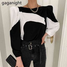 Vintage Women Slash Neck T-shirt Chic Puff Sleeve Patchwork T Shirt Autumn Winter Office Lady Loose Outwear Tops 210601