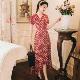 Short Sleeve Maxi Print Long Dress Women Dot Vintage Sashes V-Neck Ankle-length Party Night Dresses Summer Red 210603