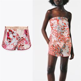 Za High Waist Floral Print Summer Shorts Women Vintage Elastic Waistband Button Up Short Pants Woman Chic Side Vents 210719