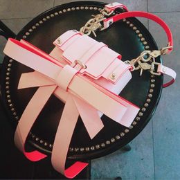 Tekiessica Designed Lolita Super Big Bowtie Pink Green Leather Women Girls Flap 2 Straps Handbag Shoulder Chain Messenger Bag