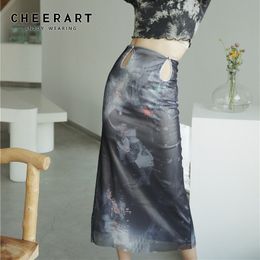 CHEERART Vintage Hollow Out High Waist Pencil Skirt Summer Print Layer Mesh Long Midi Skirt Grey Bodycon Ladies Skirt 210309