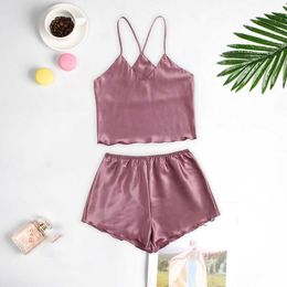 Sexy Women Solid Satin Silk Sleepwear S - Xl Comfortable Lingerie Nightgown Sleeveless Nighty Sets Pajama Pants Sleepwear Q0706