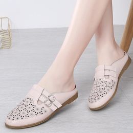 Women Slippers Cow Leather Hollow Out Retro Flats Antiskid Wear Resisting Loafer Shoes Casual Soft Sewing Spring Summer Autumn