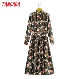 Tangada Fashion Women Flowers Print Chiffon Shirt Dress Long Sleeve Office Ladies Midi Dress With Slash 2F164 210609