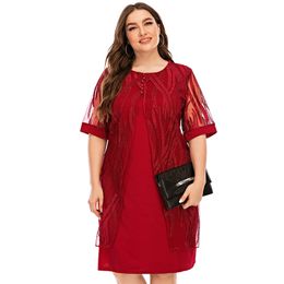 Plus Size Women Dress Summer New Mesh Short Sleeve O-Neck Fake Two Pieces Dress Ladies OL Casual Party Formal Dresses D25 210309