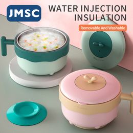 JMSC Food Warm Injection Hot Water Insulation Kids Dishes Stainless Steel Tableware Baby Sucker Feeding Bowl Plate Cute Gadgets 210226