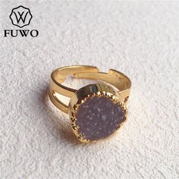 Cluster Rings FUWO Natural Drusy Quartz 24K Gold Electroplate Round Shape Geode Adjustable Size Wholesale RG006