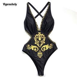 Vigoashely Sexy Black Print Swimwear Women Vintage Swimsuit Female Bandage Monokini Deep V Bathing Suit Swim Wear 210611