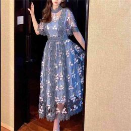 Blue Embroidery Mesh Dress Woman O-Neck Lantern Short-Sleeve Patchwork High Waist Elegant Party Vestidos Lady Summer 210603