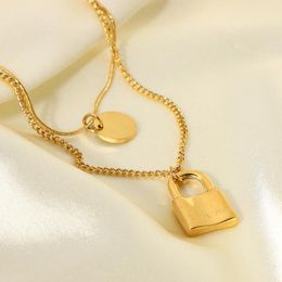 Pendant Necklaces Minar Classic Double-layer Gold Color Metal Lock Circle Coin Necklace For Women Girls Stainless Steel Jewelry