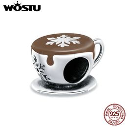 WOSTU 100% 925 Sterling Silver Coffee Cup Charms Snowflakes Bead Brown Pendant Fit Original Bracelet DIY Necklace Jewelry CTC361 Q0531