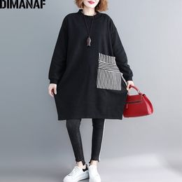 DIMANAF Women Plus Size Hoodies Sweatshirts Thicken Female Clothes Pullover Vintage Black Top Patchwork Loose 2021 Autumn Winter 201030