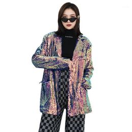 Women's Jackets Loose Fit Blue Sequins Big Size Casual Lapel Long Sleeve Coat Fashion Tide Spring Autumn 2021 Coats Clothing