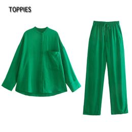 Toppies Casual Green Two Piece Set Woman Oversized Blouses Tops and High Waist Pants Homewear Tracksuit 210930