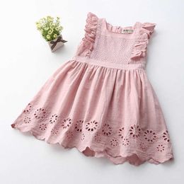 Summer Leisure Style Girl Dress Lace Sleeve Hollow Vest Dresses Sleeveless Princess Dress Girls Kids Clothes Children Dress Q0716