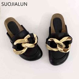 SUOJIALUN Brand Design Women Slipper Fashion Big Gold Chain Sandals Shoes Round Toe Slip On Mules Flat Heel Casual Slides Flip F Y220301