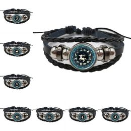Fashion 12 Zodiac Time Gemstone Beaded Bracelet Black Bead Multilayer Braided Punk Adjustable Round Jewelry Couple Gift