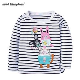 Mudkingdom Girls T-Shirts Long Sleeve Cute Animal Pattern Striped Tops Kids Clothes 210615