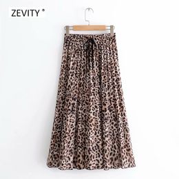 New Women Vintage leopard printing pleated midi skirt faldas mujer ladies elastic waist sashes chic mid-calf skirts QUN119 210303