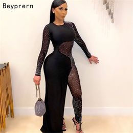 Beyprern Beautiful Crystal Jumpsuit Gown (Black) Sparkle Hollow Out Sequins Skinny Mesh Romper Overalls Party Clubwear 211119