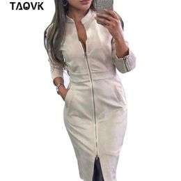 TAOVK Women's Dress Long Sleeve Bodycon Zippers Vintage Stand Collar Office women's Dresses 210304