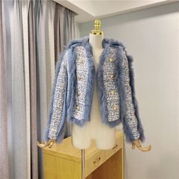 Autumn Winter Fashion design women's luxury fox fur patchwork tweed Woollen cotton-padded liner thickening warm jacket coat blends SML