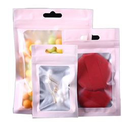 1000Pcs Pink Aluminium Foil with Hang Hole Zipper Lock Matte Window Recyclable Package Bag Zipper Dry Fruit Coffe Powder Storage Bag
