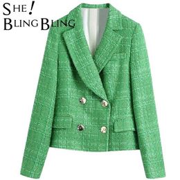 SheBlingBling Za Woman Simple Green Plaid Tweed Fitted 2 Pieces Set Traf Blazers Female OL Jacket England Style Short Coats 211006