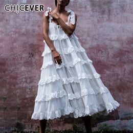 CHICEVER Elegant Patchwork Ruffles White Dress For Women Off Shoulder Sleeveless Oversized Dresses Female Fashion Clothes 210302