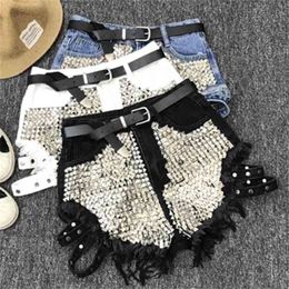 Rivet denim shorts summer spring women high waist loose tassel jeans 210724