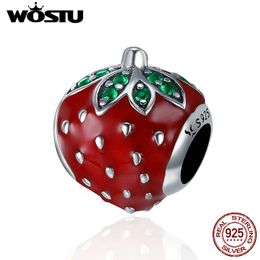 WOSTU High Quality 925 Sterling Silver Strawberry ,Green CZ Beads fit original Charm Bracelet For Women DIY Jewellery Gift CQC369 Q0531