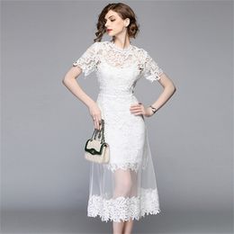 High Quality Summer Mesh Patchwork Lace Dress Women O-neck Work Casual Party Slim Sexy White Long Dresses Vintage Vestidos 210603