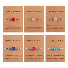 Hot Selling Handmade Druzy Resin Stone Bracelet Make a Wish Card Wax Rope Braided Bracelets Bangles With Rice Bead for Women Beach Jewelry