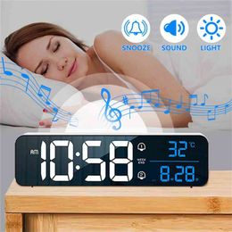 Alarm Clock LED Digital Watch Table Voice Control Music Despertador USB Battery Powered Electronic Wall Clocks 210804