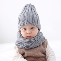 Fashion hat and scarf for children Solid Colour kids knitted hats with scarfs girls boy winter 2 pcs beanies sets XY483