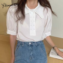 Yitimuceng Button Up Blouse Women Oversized Chiffon Shirts Korean Fashion Short Puff Sleeve White Cyan Tops Summer 210601