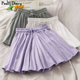 Pearl Diary Cotton Short Pant Elasticated Waistband Drawstring Culotte Short Tie Front Waist Wide Leg Casual Solid Jogging Short 210611