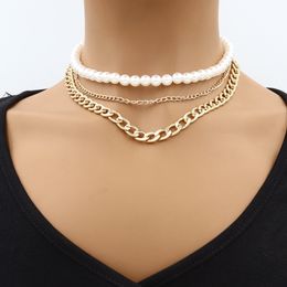 18K Real Gold Plated Multi Layer Artificial Pearl Chokers Link Chain Necklaces for Women