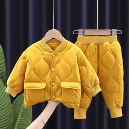 Autumn Winter Baby Girls Boys Thin Cotton-Padded Coats+Pants 2Pcs Kids Solid Colour Warm Snowsuits 2021 New Children Clothes Sets H0909